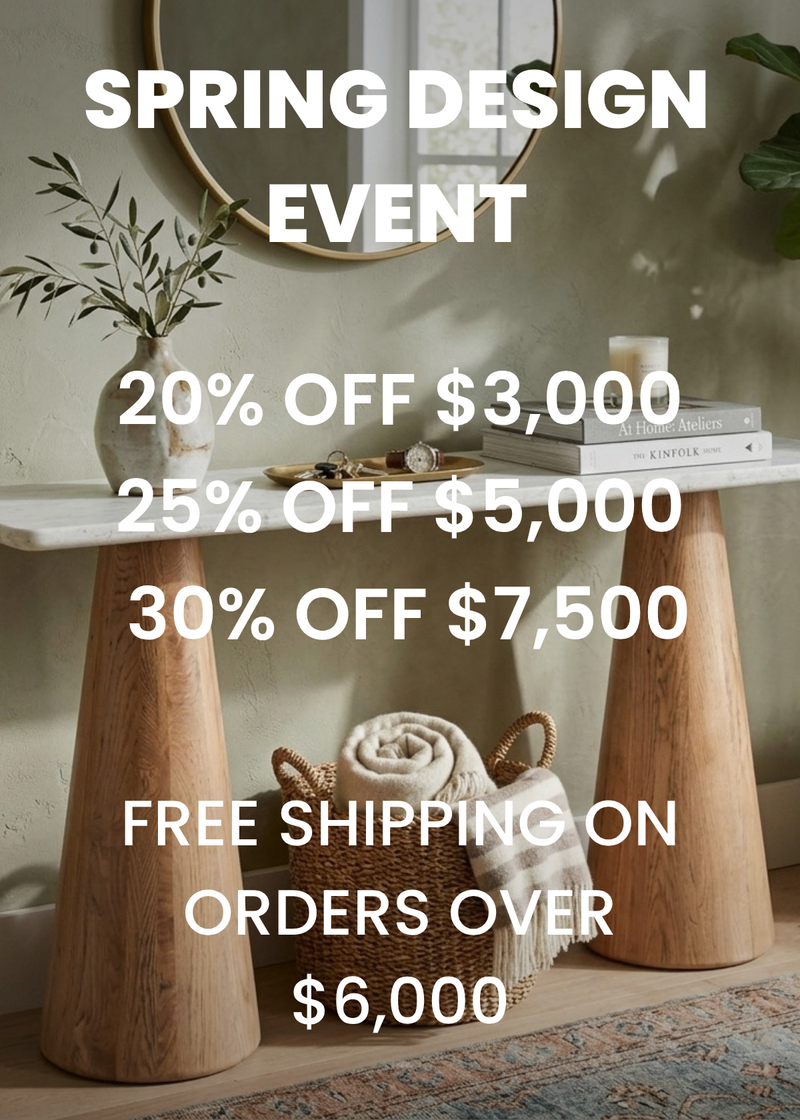 Spring design event advertisement with furniture and decor items on a table.
