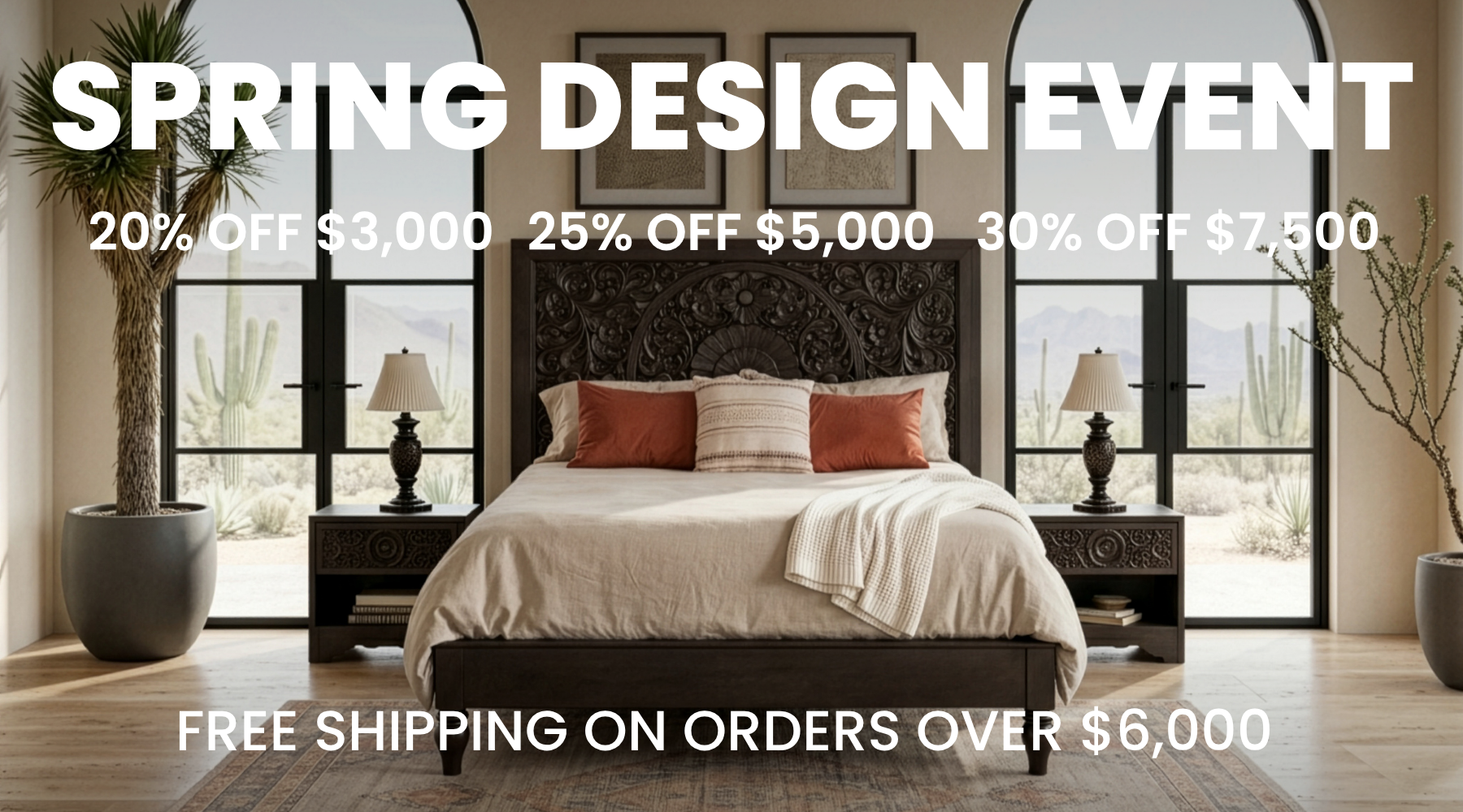 Advertisement for a spring design event with discounts and free shipping offer in a bedroom setting.
