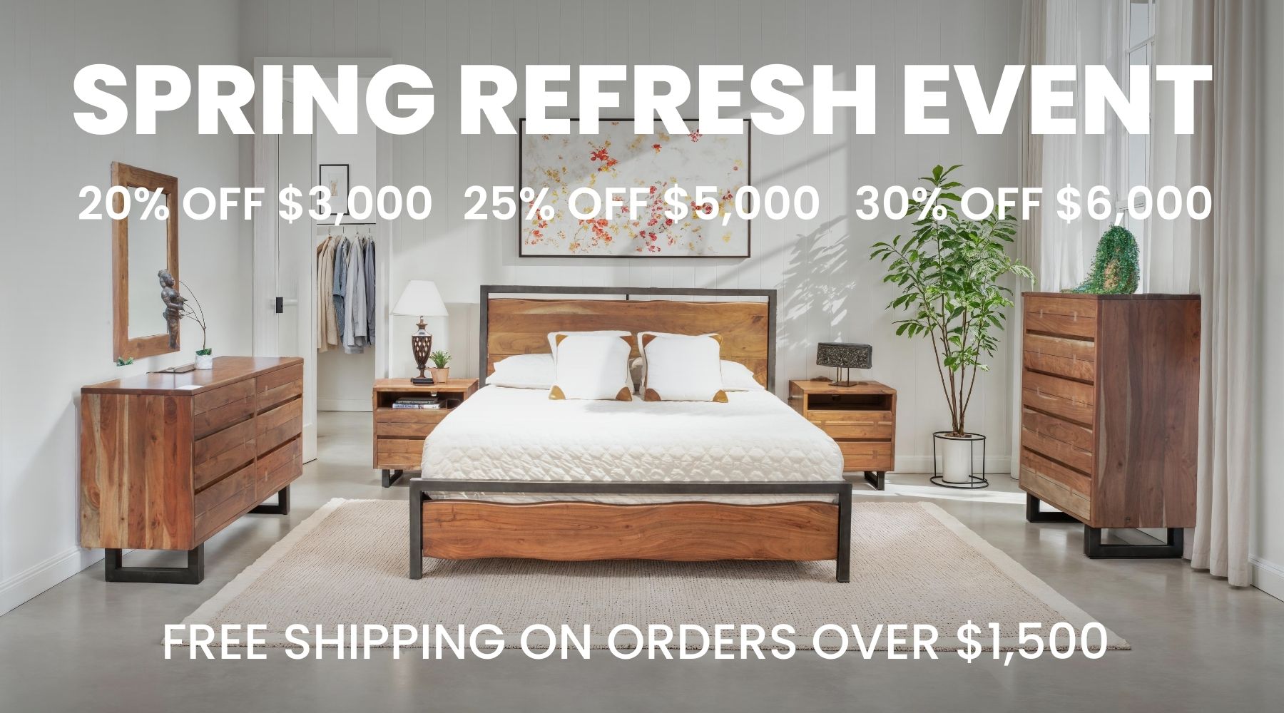 Bedroom furniture set with promotional text for a spring refresh event.