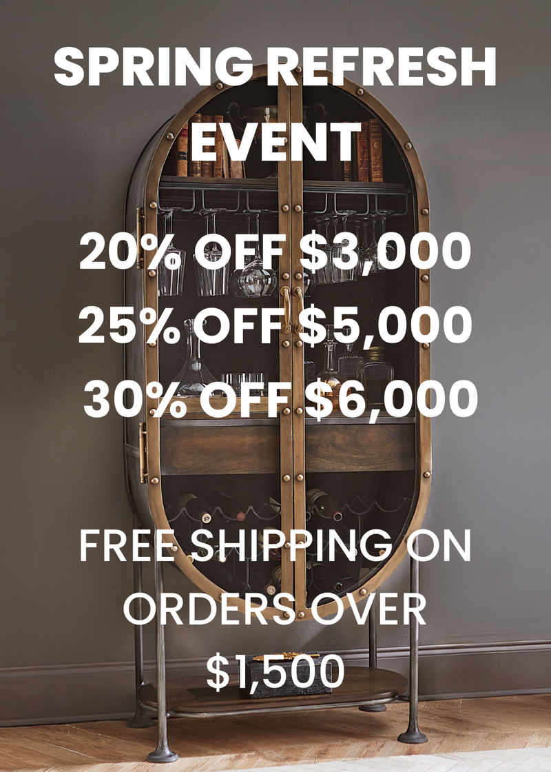 Wine rack with promotional text for a spring refresh event on a gray wall background