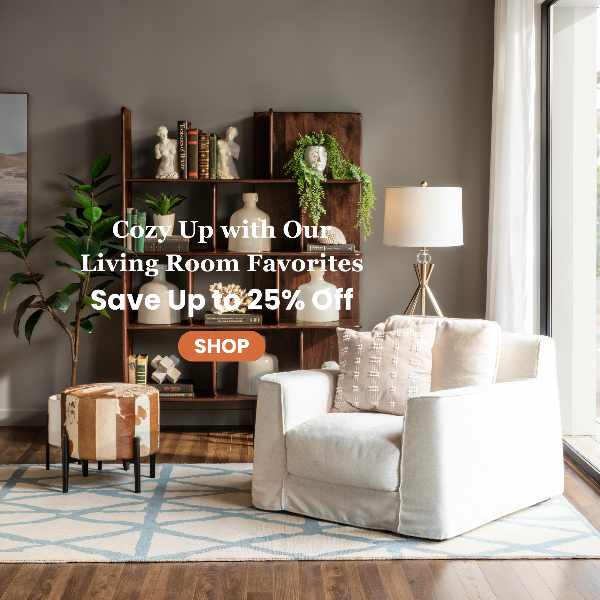 Living room with a white armchair, wooden shelf, and decorative items, with text overlay promoting furniture sale.