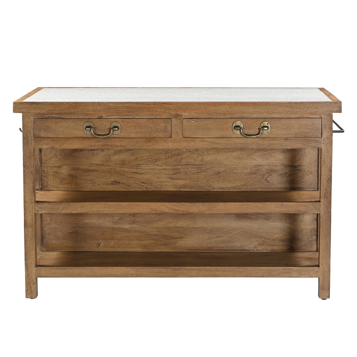 Delmar 58" Kitchen Island Table with White Marble Top and Natural Mango Base
