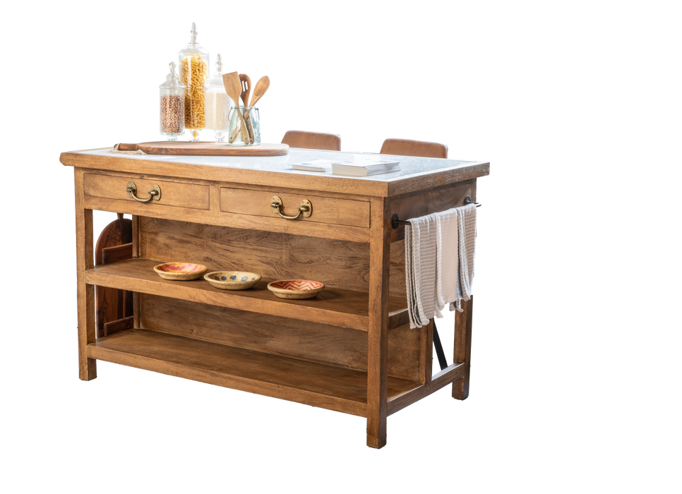 Delmar 58" Kitchen Island Table with White Marble Top and Natural Mango Base