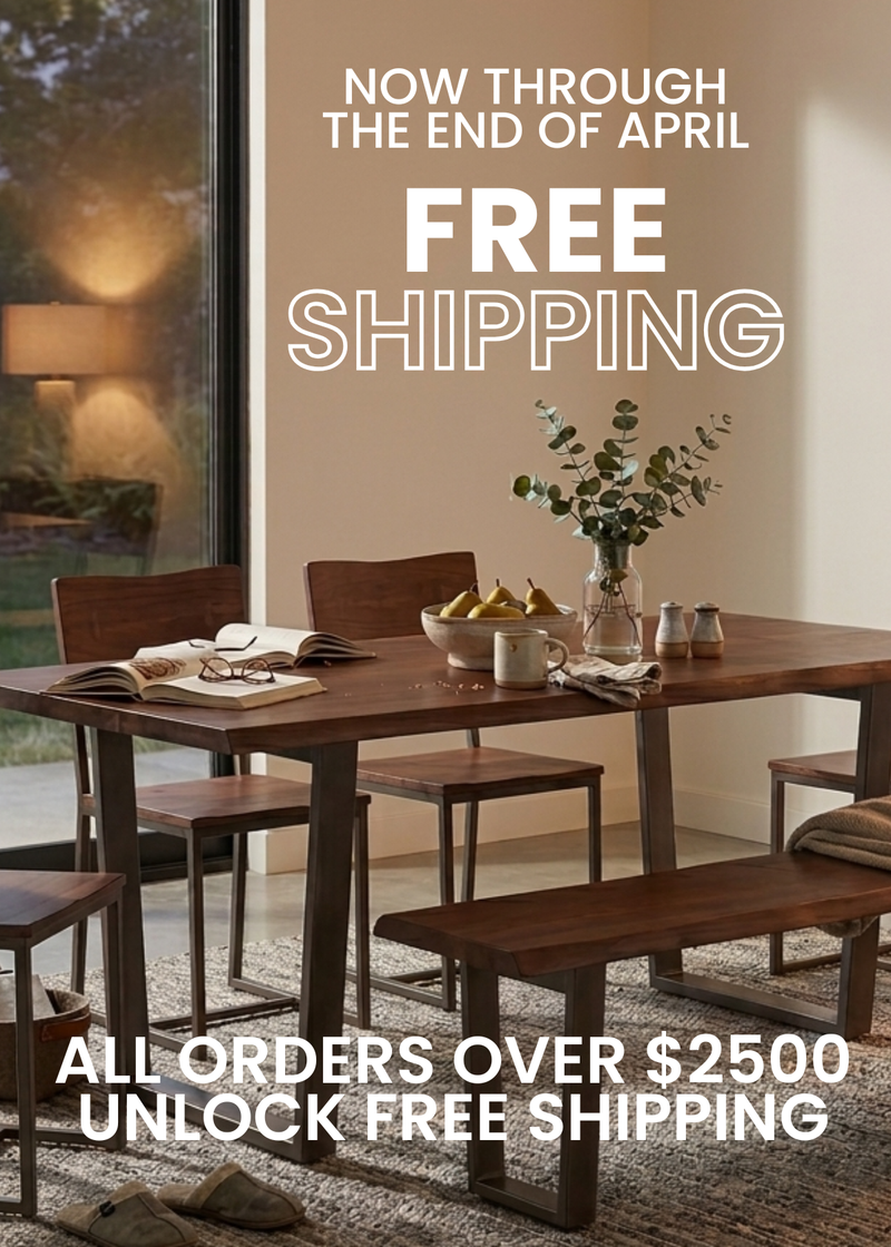 Dining room with wooden furniture and free shipping promotion text overlay