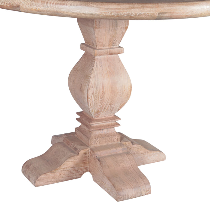 Pengrove 42-inch round dining table in light antique oak, made from solid mango wood, base details