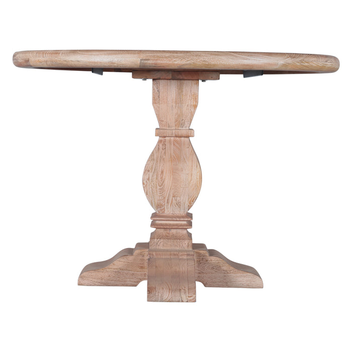 Pengrove 42-inch round dining table in light antique oak, made from solid mango wood, side view