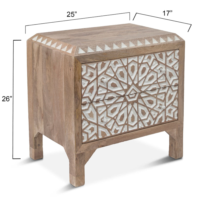 Haveli Mango Wood Geometric Carved Night Chest - World Interiors