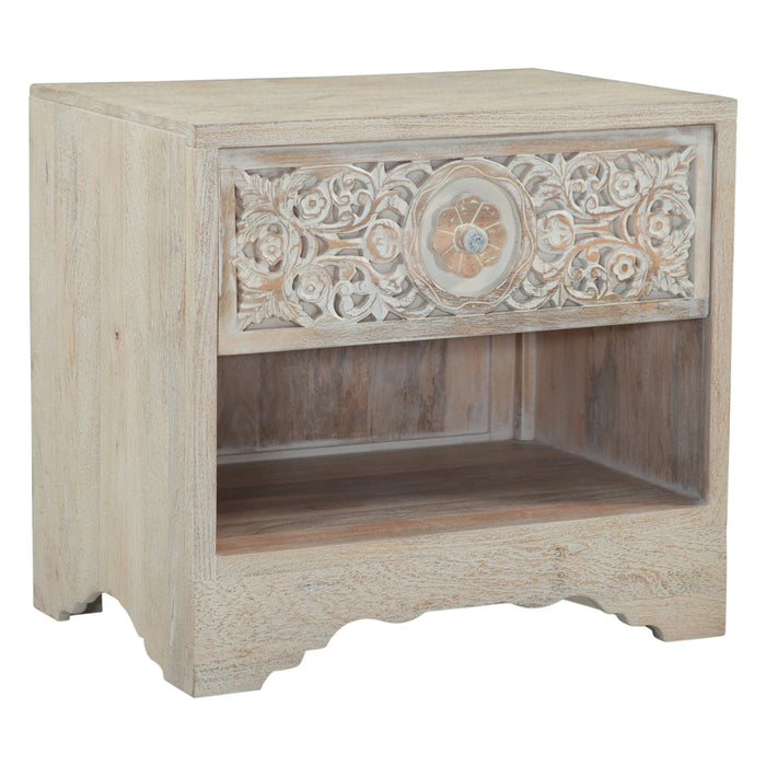 Haveli 26" Plinth Base Nightstand in Carved Heirloom White - World Interiors