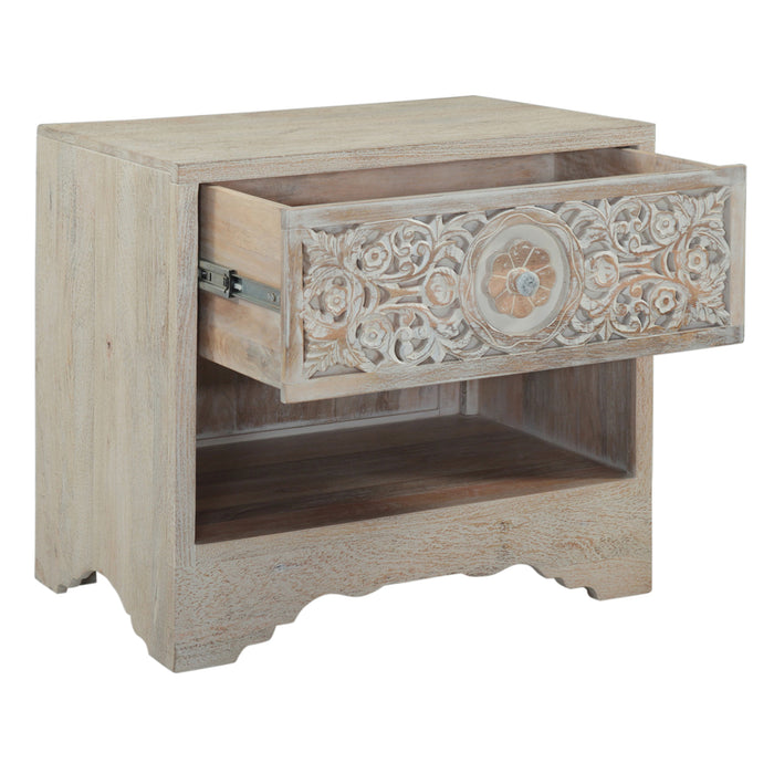 Haveli 26" Plinth Base Nightstand in Carved Heirloom White - World Interiors