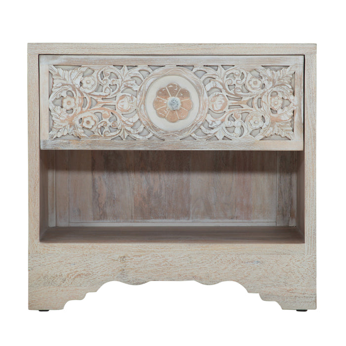 Haveli 26" Plinth Base Nightstand in Carved Heirloom White - World Interiors
