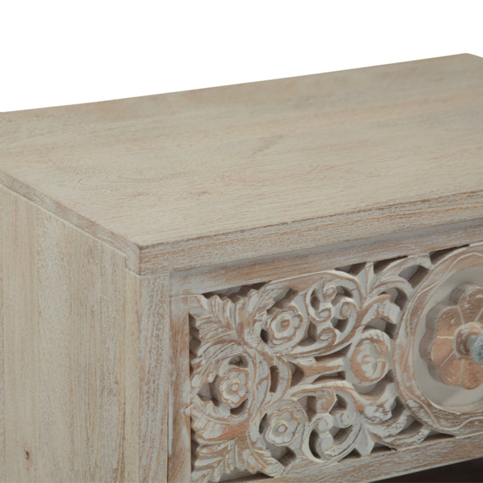 Haveli 26" Plinth Base Nightstand in Carved Heirloom White - World Interiors