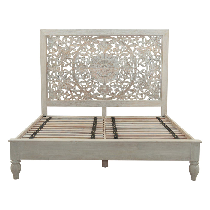Haveli Queen Bed in Hand Carved Heirloom White - World Interiors