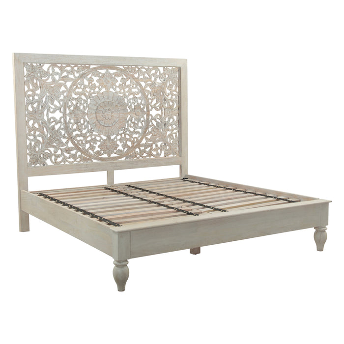Haveli Queen Bed in Hand Carved Heirloom White - World Interiors