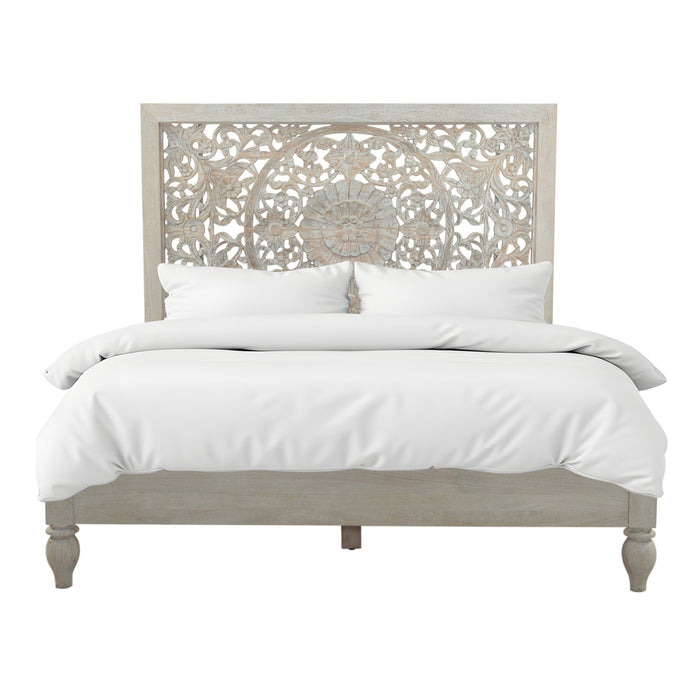 Haveli Queen Bed in Hand Carved Heirloom White - World Interiors