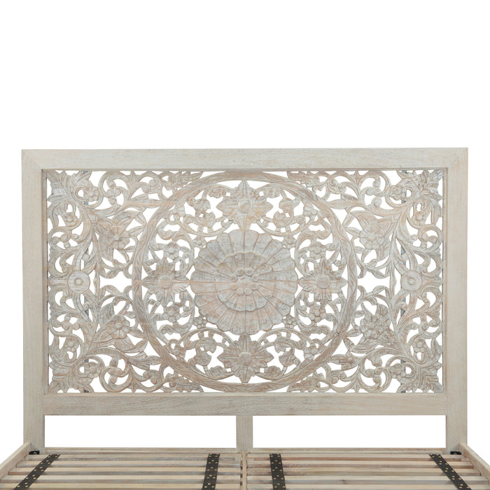 Haveli Queen Bed in Hand Carved Heirloom White - World Interiors