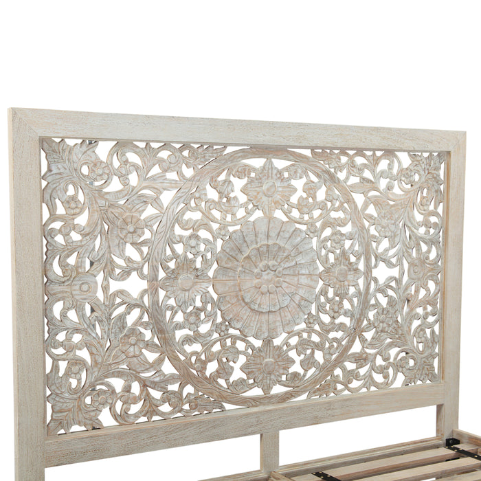 Haveli Queen Bed in Hand Carved Heirloom White - World Interiors