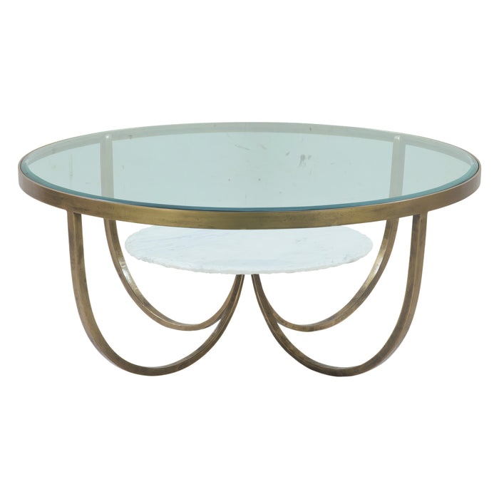 Sonoma Glass Round Coffee Table in Antique Brass with White Marble