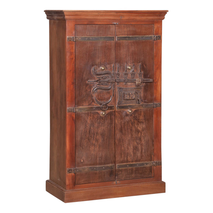 Tall Wood Cabinet | Hand Carved Doors and Iron Hardware