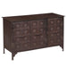 Hand-finished reclaimed iron cabinet with embossed fleur-de-lis panel doors, bar-pull hardware, and dark espresso patina finish