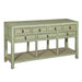 Hand-finished reclaimed solid wood cabinet with seven paneled drawers, antique ring pulls, and open lower shelf in distressed sage green