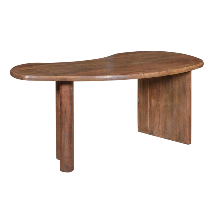 Kidney bean-shaped reclaimed solid wood writing desk with warm walnut finish, cylindrical leg and flat panel base