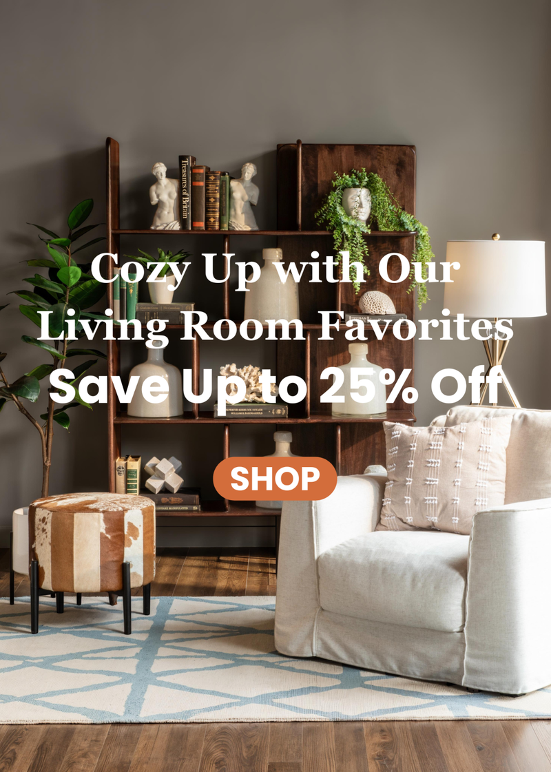 Living room with furniture and decor, promotional text overlay for a sale.