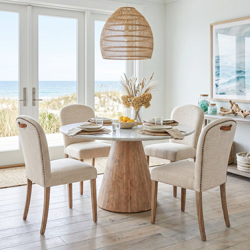 Caldera 48" White Travertine Dining Table with Light Oak Base - World Interiors