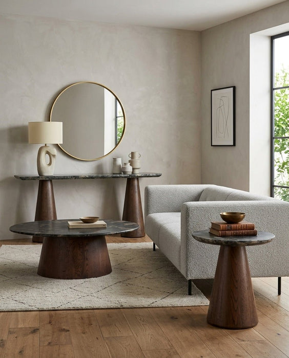 Caldera Lava Marble Oval Coffee Table with Dark Oak Base - World Interiors