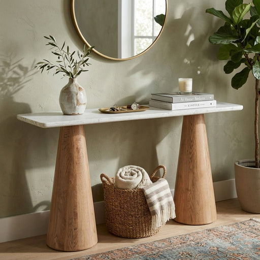 Caldera White Travertine Console Table with Light Oak Base - World Interiors