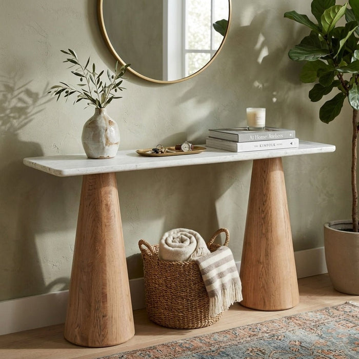 Caldera White Travertine Console Table with Light Oak Base - World Interiors