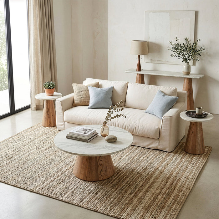 Caldera White Travertine Side Table with Light Oak Base - World Interiors