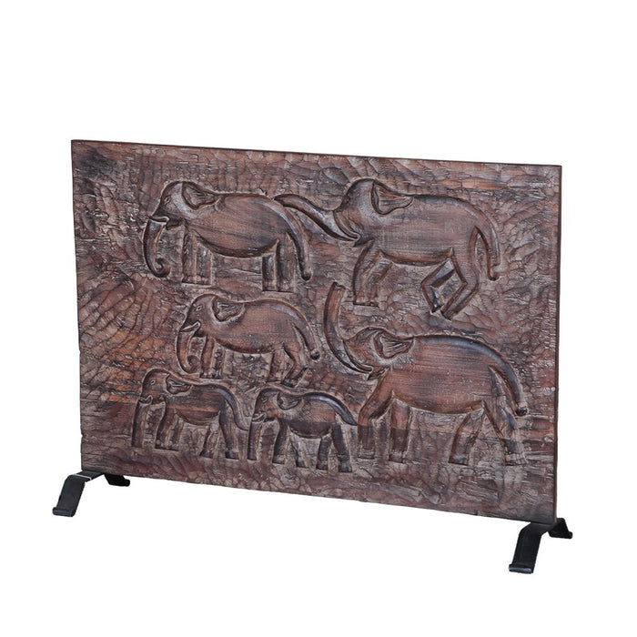 Carved Wood Panel on Iron Stand | Reclaimed Hand Finished