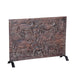 Hand-carved reclaimed wood relief panel depicting elephants, mounted on black iron stand
