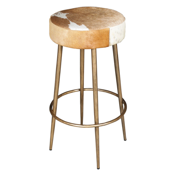 Dallas 15" Backless Bar Stool in Brown Hair on Hide with Antique Gold Legs - World Interiors