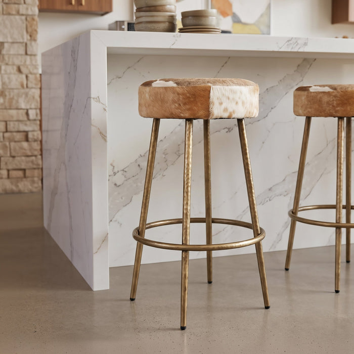 Dallas 15" Backless Bar Stool in Brown Hair on Hide with Antique Gold Legs - World Interiors