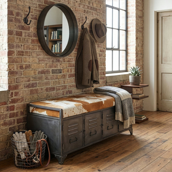 Dallas 47" Large Brown Hair on Hide Reclaimed Locker Bench - World Interiors
