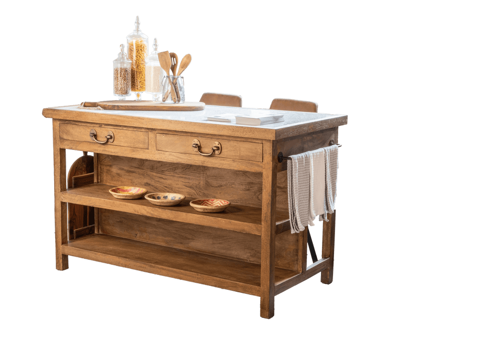 Delmar 58" Kitchen Island Table with White Marble Top and Natural Mango Base - World Interiors