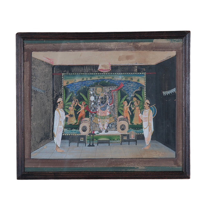 Framed canvas painting of an Indian temple shrine scene in a dark reclaimed wood frame, ready to hang
