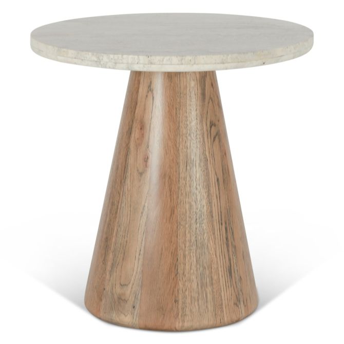 Caldera White Travertine Side Table with Light Oak Base - World Interiors