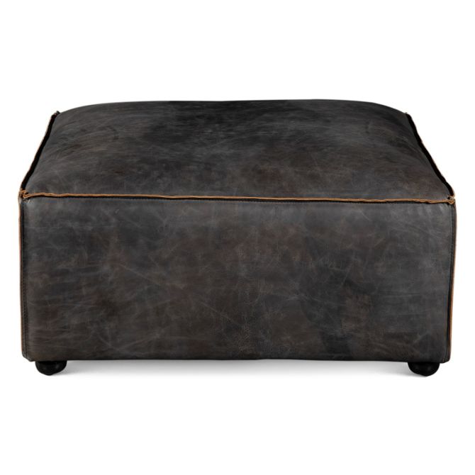 Chiavari Distressed Leather Ottoman - World Interiors