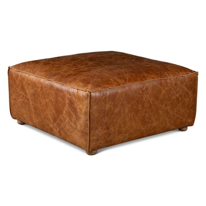 Chiavari Distressed Leather Ottoman - World Interiors