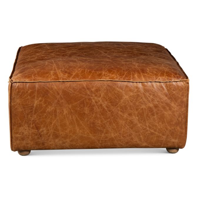 Chiavari Distressed Leather Ottoman - World Interiors