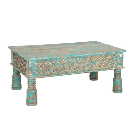 Hand-carved reclaimed wood coffee table with distressed turquoise finish and ogee lattice carved apron on turned baluster legs