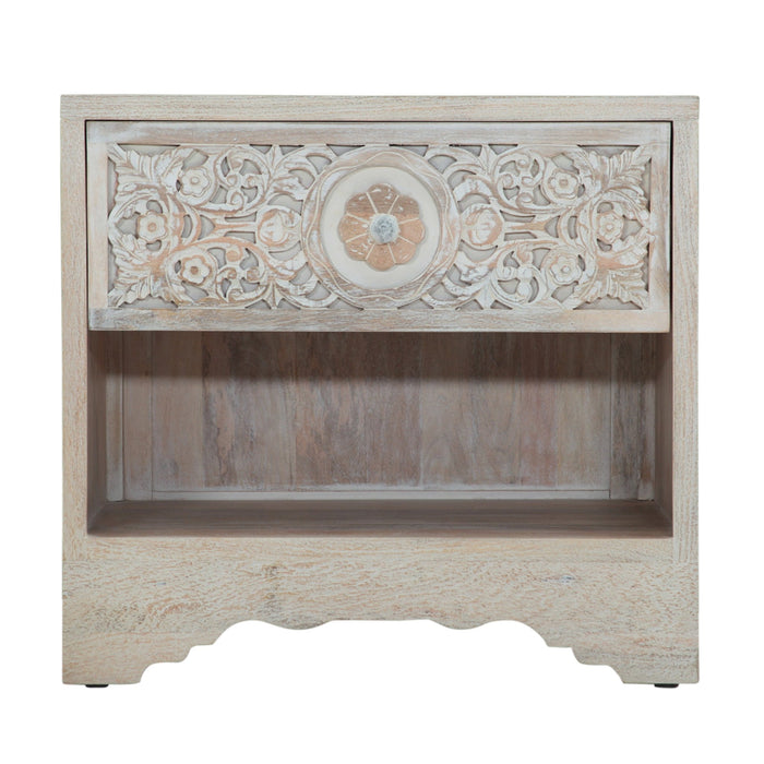 Haveli 26" Plinth Base Nightstand in Carved Heirloom White - World Interiors
