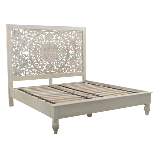 Haveli Queen Bed in Hand Carved Heirloom White - World Interiors