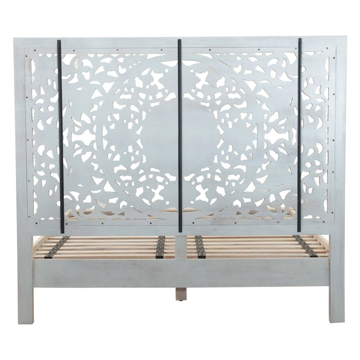 Haveli Queen Bed in Hand Carved Heirloom White - World Interiors