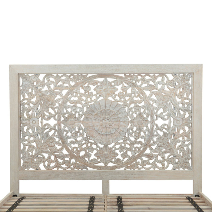 Haveli Queen Bed in Hand Carved Heirloom White - World Interiors