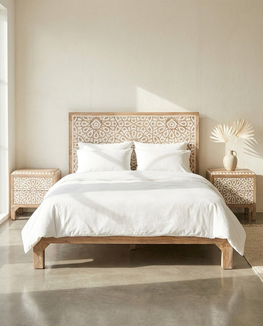Haveli Mango Wood Geometric Carved Bedroom Collection - World Interiors