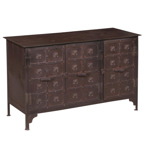 Hand-finished reclaimed iron cabinet with embossed fleur-de-lis panel doors, bar-pull hardware, and dark espresso patina finish
