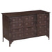 Hand-finished reclaimed iron cabinet with embossed fleur-de-lis panel doors, bar-pull hardware, and dark espresso patina finish